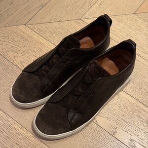 Zegna Men's Triple Stitch Leather Sneakers, Brown Size 11